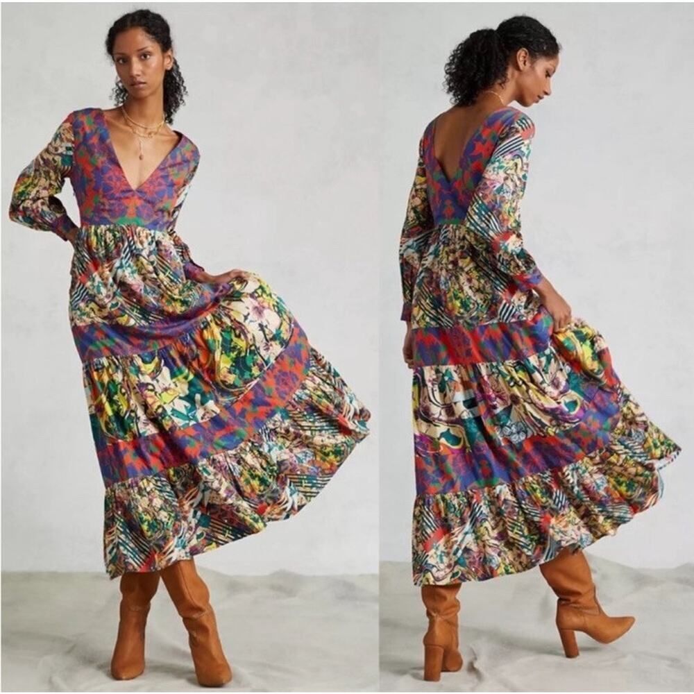 Anthropologie Roopa Pemmaraju Maxi Dress Medium Boho Floral Patchwork V neck